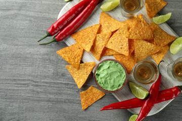 Party concept with tequila, guacamole and chips