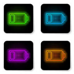 Glowing neon line Battery charge level indicator icon isolated on white background. Black square button. Vector