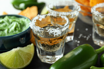Party concept with tequila, guacamole and chips