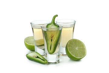 Shots of tequila with pepper isolated on white background