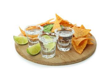 Party concept with tequila and chips isolated on white background