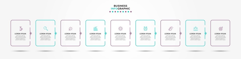 Vector Infographic design illustration business template with icons and 9 options or steps. Can be used for process diagram, presentations, workflow layout, banner, flow chart, info graph
