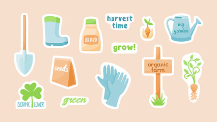 Gardening tools farm stickers. Garden shovel with rubber boots and gloves. Wooden signpost organic farm and plants with watering pad. Pack seeds and bottle of biofertilizer. Vector cartoon label