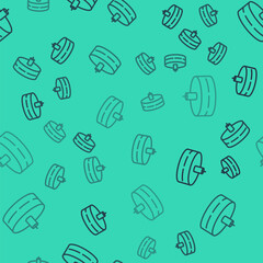 Black line Cake with burning candles icon isolated seamless pattern on green background. Happy Birthday. Vector