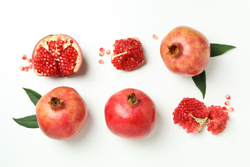 Ripe pomegranate on white background, top view