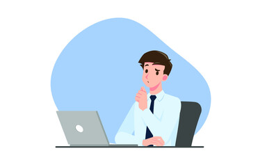 Successful businessman character thinking. Thinking business people during work with personal computer laptop. Working concept vector illustration design.