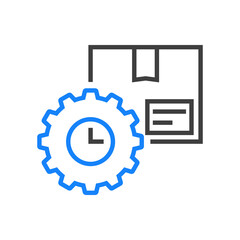 Configuracion envio. Icono caja de cartón con engranaje con lineas en color gris y azul