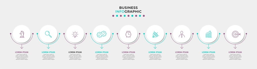 Vector Infographic design illustration business template with icons and 9 options or steps. Can be used for process diagram, presentations, workflow layout, banner, flow chart, info graph