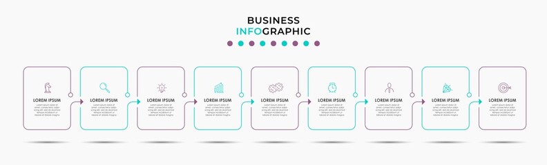 Vector Infographic design illustration business template with icons and 9 options or steps. Can be used for process diagram, presentations, workflow layout, banner, flow chart, info graph