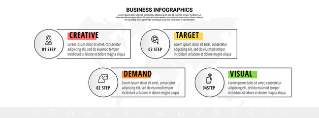 Business vector infographics with four line circles and labels. Timeline visualization with 4 steps for diagram, flowchart, banner, presentations, web, content, levels, chart, graph