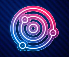 Glowing neon line Solar system icon isolated on blue background. The planets revolve around the star. Vector