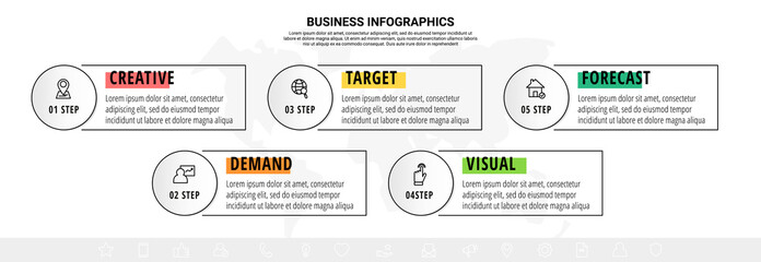 Business vector infographics with five line circles and labels. Timeline visualization with 5 steps for diagram, flowchart, banner, presentations, web, content, levels, chart, graph