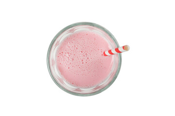 Glass of strawberry milkshake isolated on white background