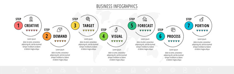 Vector minimal line infographics with circles. Business concept 7 steps by step for diagram, chart, web, graphic
