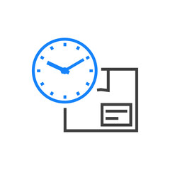 Envio urgente. Icono caja de cartón con esfera de reloj simple con lineas en color gris y azul