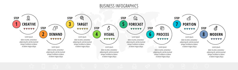 Vector minimal line infographics with circles. Business concept 8 steps by step for diagram, chart, web, graphic