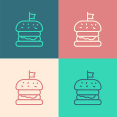 Pop art line Burger icon isolated on color background. Hamburger icon. Cheeseburger sandwich sign. Fast food menu. Vector