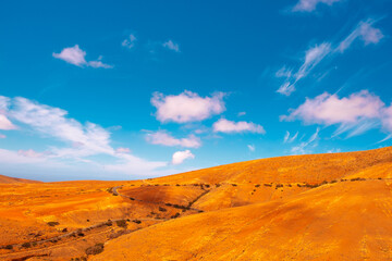 Volcanic desert .panoramic landscape. Stylish nature banner. Travel concept. Canary islands. Fuerteventura