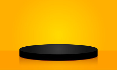 Black stage podium with orange platform. demonstration of an advertising product.