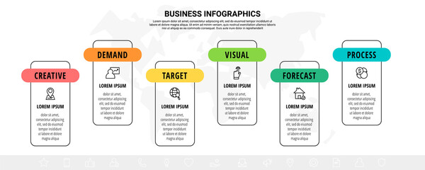 Six line rectangular elements in horizontal row. Vector modern infographic design template. Concept of 6 steps of business chart. Square illustration for diagram, process visualization, presentation