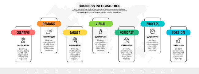 Seven line rectangular elements in horizontal row. Vector modern infographic design template. Concept of 7 steps of business chart. Square illustration for diagram, process visualization, presentation