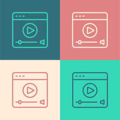 Pop art line Online play video icon isolated on color background. Film strip with play sign. Vector