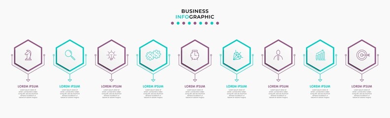Vector Infographic design illustration business template with icons and 9 options or steps. Can be used for process diagram, presentations, workflow layout, banner, flow chart, info graph