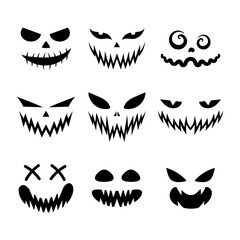Set of scary and funny faces for Halloween pumpkin or ghost. Jack-o-lantern facial expressions. Simple collection horror faces with evil eyes, teeth and creepy smiles. Isolated vector illustration.