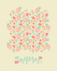 Strawberries made from geometric shapes. Summer design in pastel colors for print, poster, postcard.