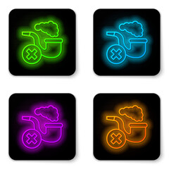 Glowing neon line Smoking pipe with smoke icon isolated on white background. Tobacco pipe. Black square button. Vector