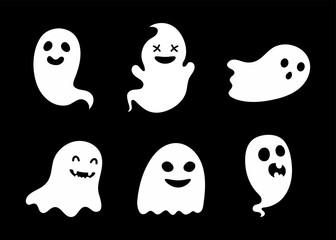 Set of cute ghosts. Scary horror design decoration for Halloween party. Cartoon spooky character for October party and invitations. Flat vector stock illustration.