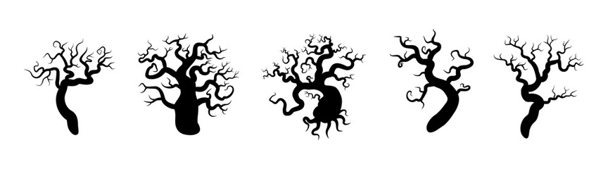Set of black silhouettes of trees. Spooky horror design decoration for Halloween party. Spooky background for October party and invitations. Flat vector stock illustration.