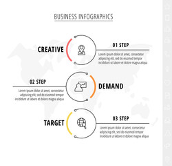 Business vector infographics with three line circles. Timeline visualization with 3 steps for diagram, flowchart, banner, presentations, web, content, levels, chart, graphic