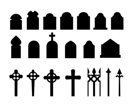 Set of black silhouettes of headstones, fences, crosses. Spooky horror design decoration for Halloween party. Spooky background for October party and invitations. Flat vector stock illustration.