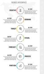 Business vector infographics with 7 line circles. Timeline visualization with seven steps for diagram, flowchart, banner, presentations, web, content, levels, chart, graphic