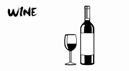 Wine Illustration. Black and white editable illustration of a bottle and a glass of wine