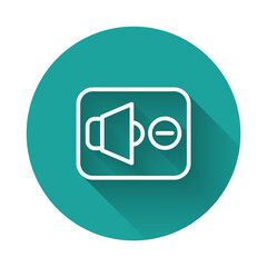White line Speaker mute icon isolated with long shadow background. No sound icon. Volume Off symbol. Green circle button. Vector
