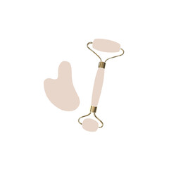 Jade face roller and gua sha. Rose quartz face massager. Skin lifting tools. Abstract feminine vector illustrations. Summer trendy simple icons. Instagram post, business advertisement, flyer design.