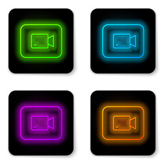Glowing neon line Play video button icon isolated on white background. Film strip sign. Black square button. Vector