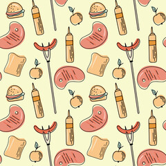 Vector seamless pattern of barbecue, barbecue, grill. Picnic in flat cartoon style. Collection of barbecue tools for cafe © Katisko