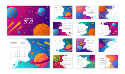 Space calendar template. Space background with planets and stars in cartoon style. Astronomy and cosmos exploration calendar concept