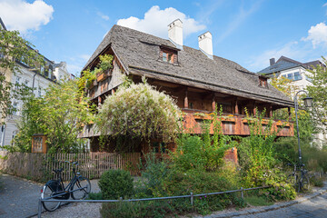 Fototapeta na wymiar historic Kriechbaumhof, old hostel in the 18th century, district Haidhausen, munich. architectural heritage bavaria.