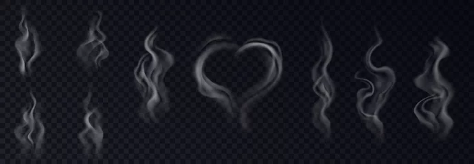 Poster Steam smoke realistic set with heart and swirl shaped white vapor on black transparent background © Iryna Petrenko