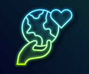 Glowing neon line Human hand holding Earth globe icon isolated on black background. Save earth concept. Vector