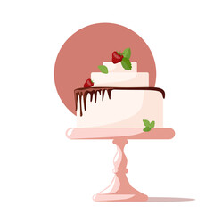 International Cake Day. Delicate sponge strawberry cake with berries and chocolate on a pink stand. Vector cartoon illustration for a holiday, for a postcard