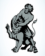 Samson fights a lion. Vector drawing