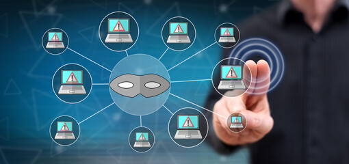 Man touching a cyber attack concept