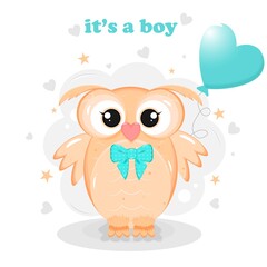  Cute owl with bow and balloon. Baby shower invitation. Boy