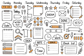 Bullet journal hand drawn element set, sticker, planner label. Doodle sketch scribble style. Bullet journal vector illustration for diary decoration