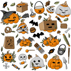 Halloween pumpkin doodle drawing on white. Color image. Isolated  vegetables, sweets. halloween costumes